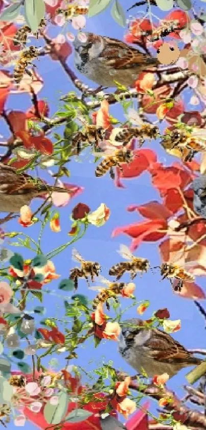 Birds and bees among vibrant spring blossoms against a blue sky.