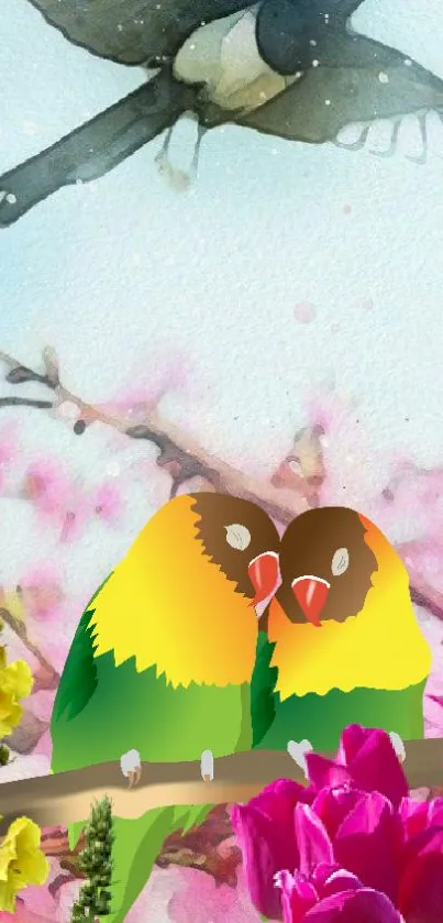 Colorful lovebirds with pink blossoms and a flying bird in a pastel art style.