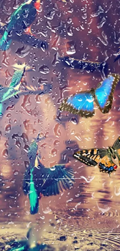 Vibrant wallpaper with birds and butterflies in rain.