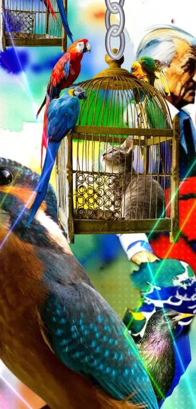 Mobile wallpaper with colorful birds, a cat in a cage, and artistic design.