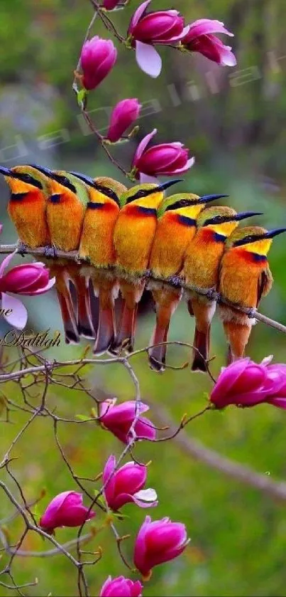 Seven vibrant orange birds among pink flowers on a green backdrop.