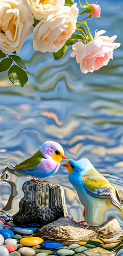A colorful artistic illustration of birds and roses by a serene water scene.