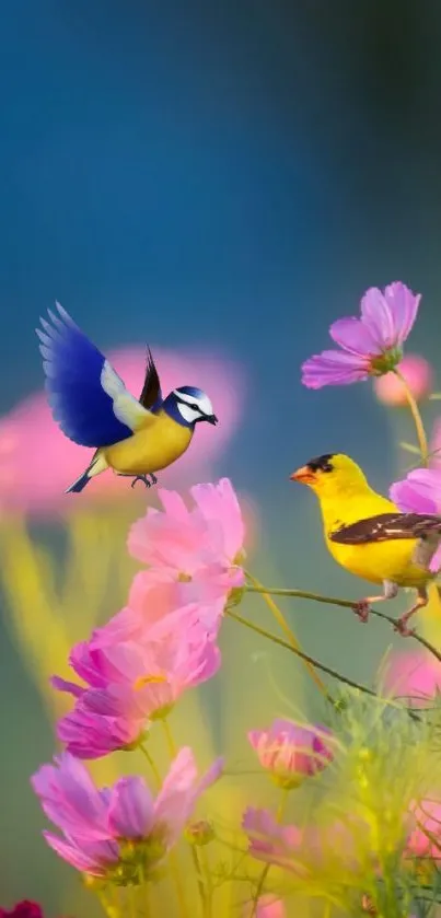 Colorful birds perched on pink flowers against a blue sky.