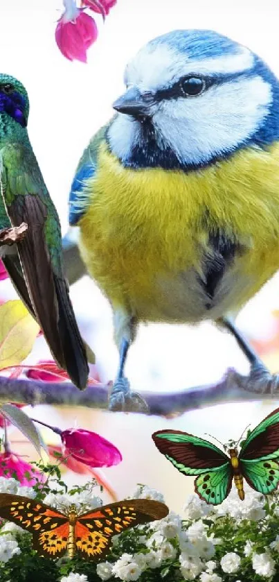 Colorful birds perched on blossoming branches