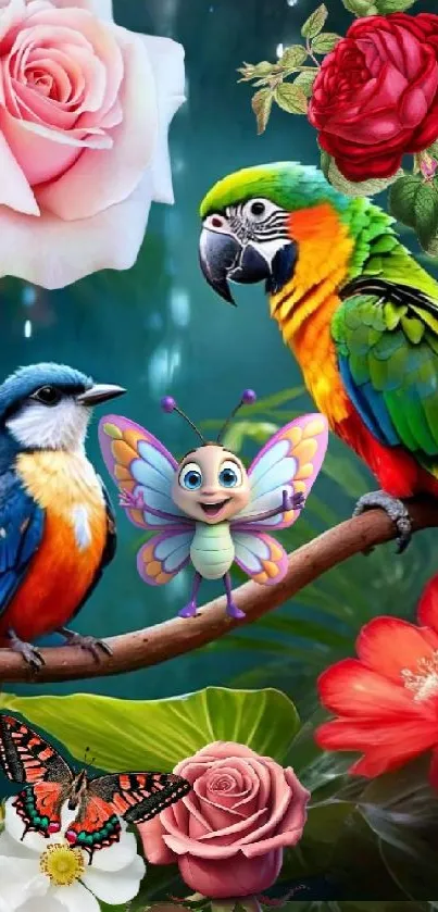Colorful parrots with flowers and animated butterfly