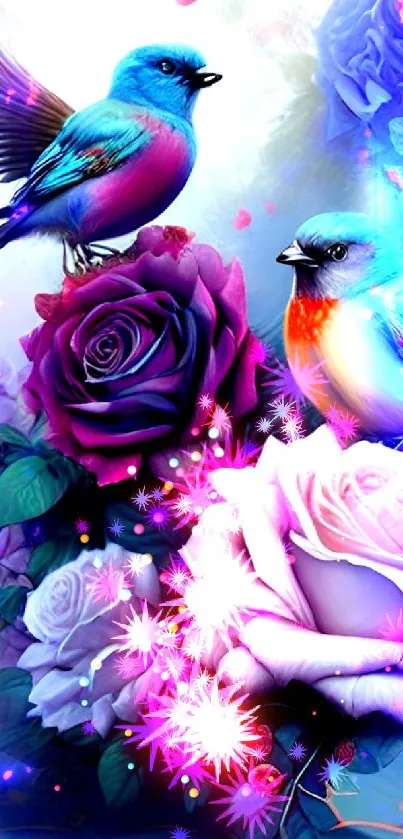 Two colorful birds and roses wallpaper with vibrant hues.