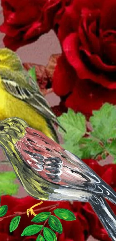 Colorful birds sit amidst vibrant red roses on a lush green background.