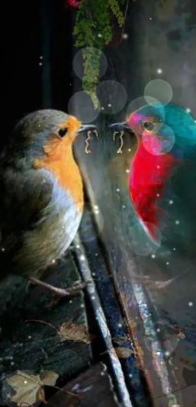 Vivid birds on a mystical background mobile wallpaper.