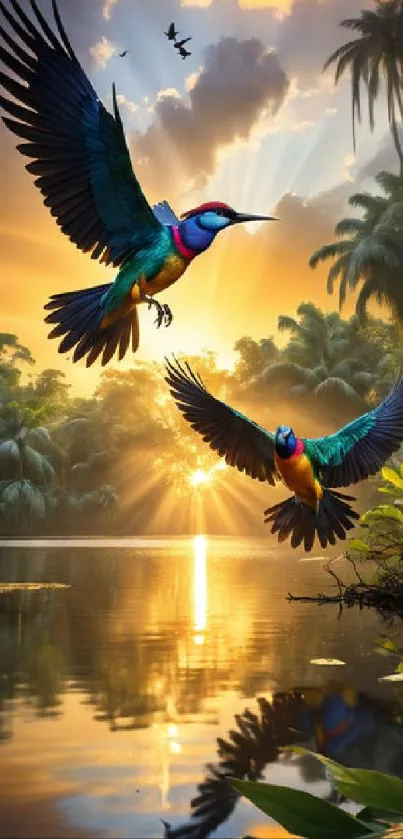 Colorful birds flying over sunset lake with palm trees.