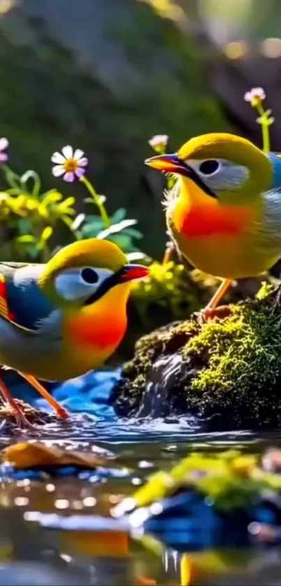 Two vibrant birds by a serene pond.