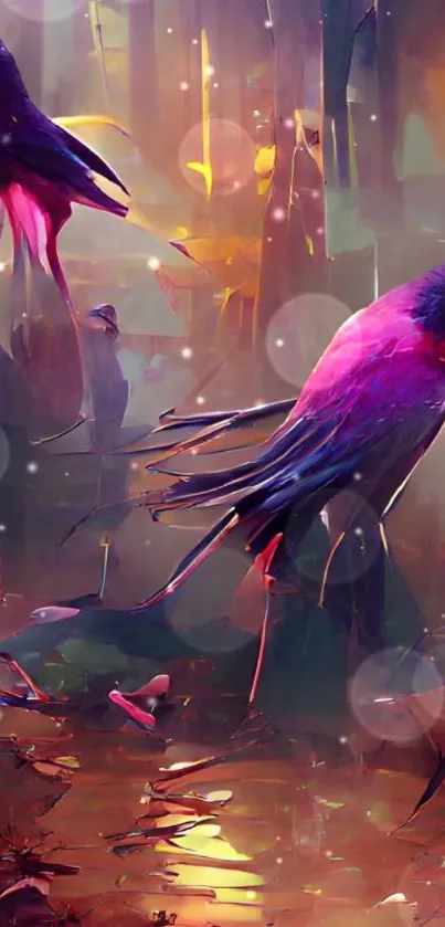 Colorful fantasy birds in a mystical scene.