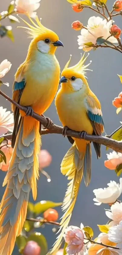 Two yellow birds perched on floral branches in vivid detail.