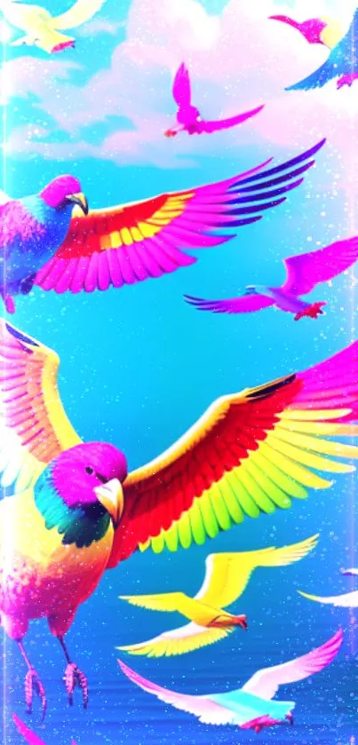 Vibrant birds flying in a colorful blue sky wallpaper.