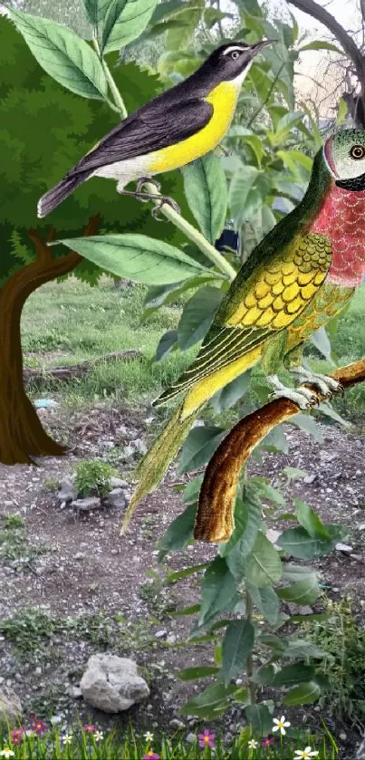 Colorful birds perched amid lush greenery in a serene forest setting.