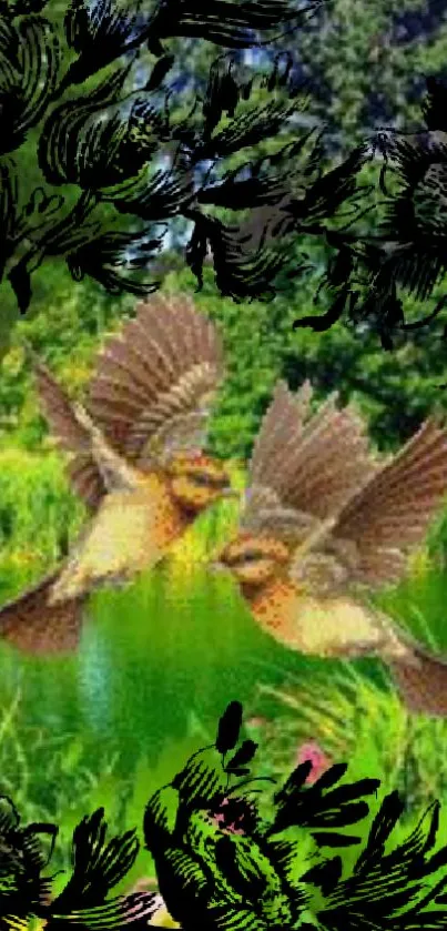 Two birds flying over lush greenery in artistic wallpaper.