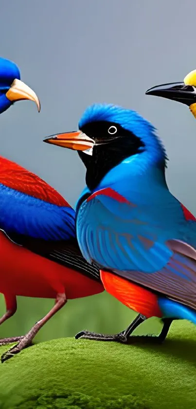 Vibrant, colorful birds perched on a lush green branch in stunning mobile wallpaper.