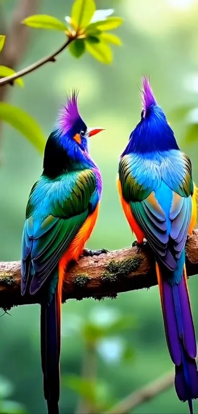 Two vibrant birds perched on a branch with a lush green background.