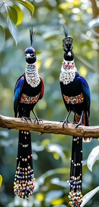 Two vibrant jeweled birds perched on a branch.