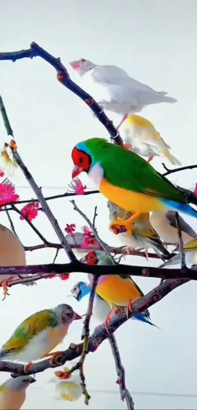 Colorful birds on branches with blossoms, set against a white background.