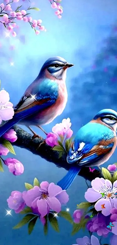 Two birds perched on cherry blossoms against a vibrant blue background.