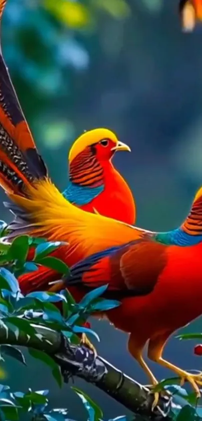 Vividly colored birds perched on a branch.