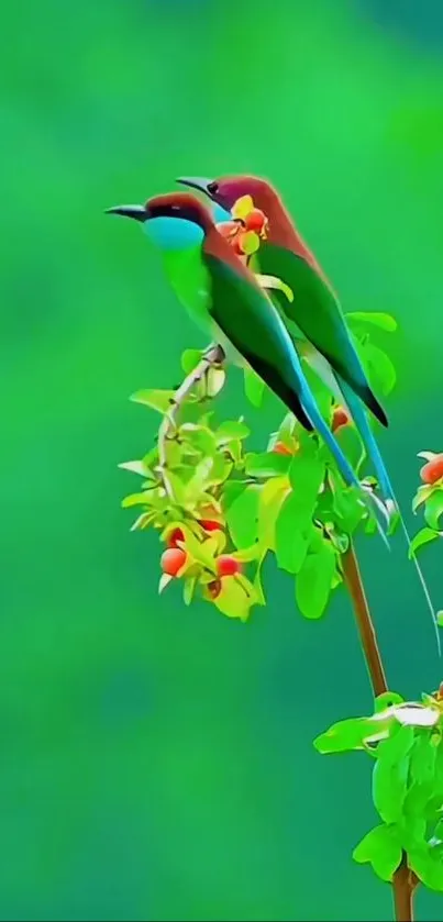 Two colorful birds perch on a leafy branch with a vibrant green background.