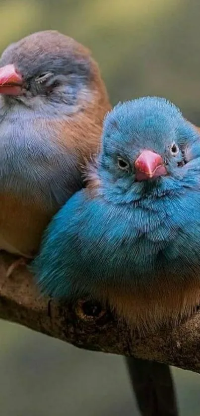 Two vibrant birds perched on a branch, showcasing teal and brown colors.