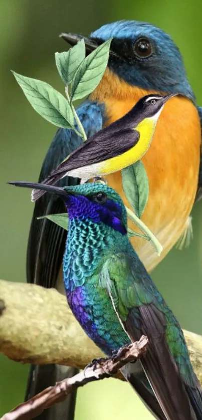 Three colorful birds on a branch with green leaves.