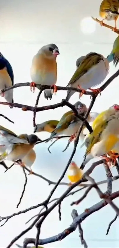 Colorful birds sitting on bare branches.