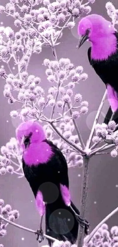 Purple-capped birds on lavender flowering branch wallpaper.