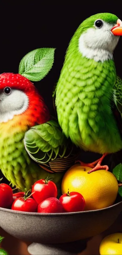 Two colorful parrots perched on a bowl of fruits with a black background.