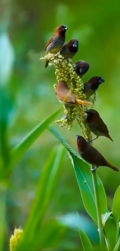 Close-up of birds perched on a vibrant green plant stalk in nature.