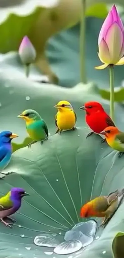 Vibrant colorful birds sit on a large lotus leaf.