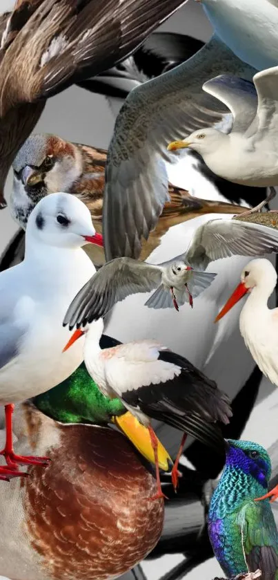 Collage of diverse birds on a gray backdrop.