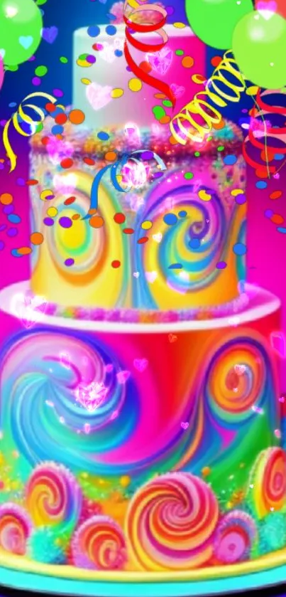 Colorful rainbow cake with balloons and swirls.