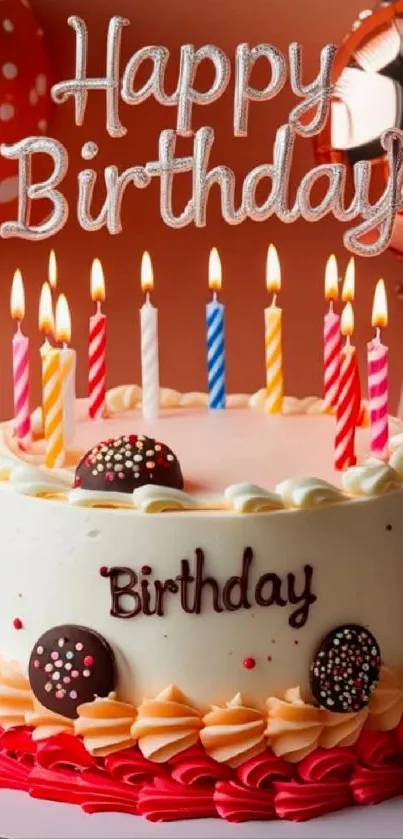 Colorful birthday cake with candles and festive decorations.