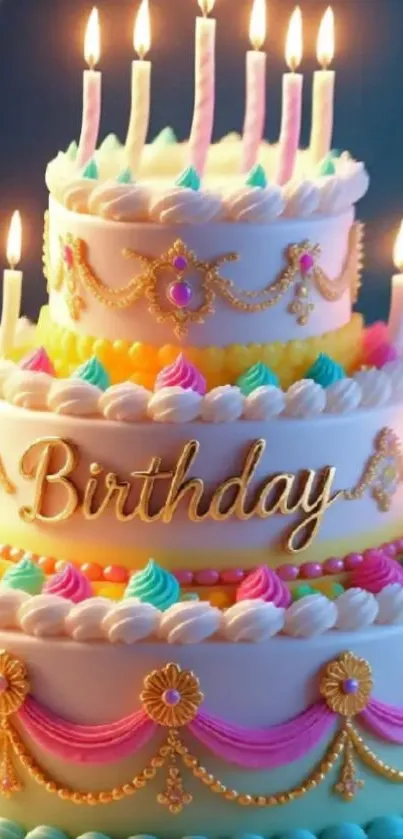 Colorful birthday cake with candles and decorative icing.