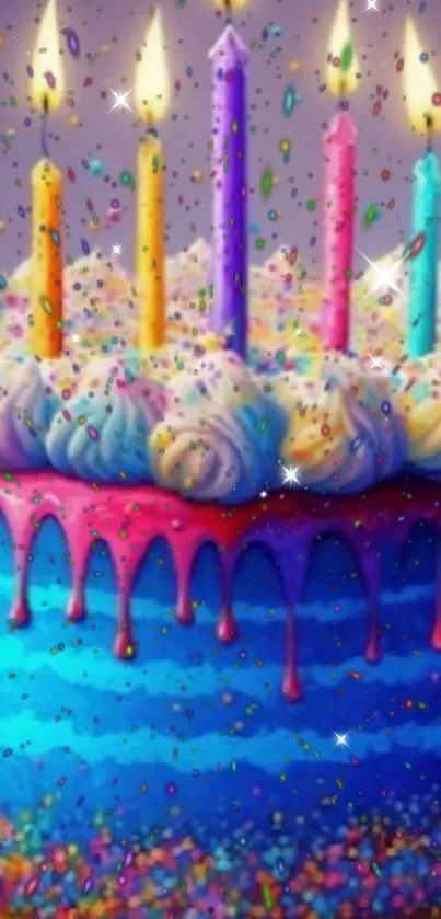Colorful birthday cake with vibrant candles and sprinkles in vibrant detail.