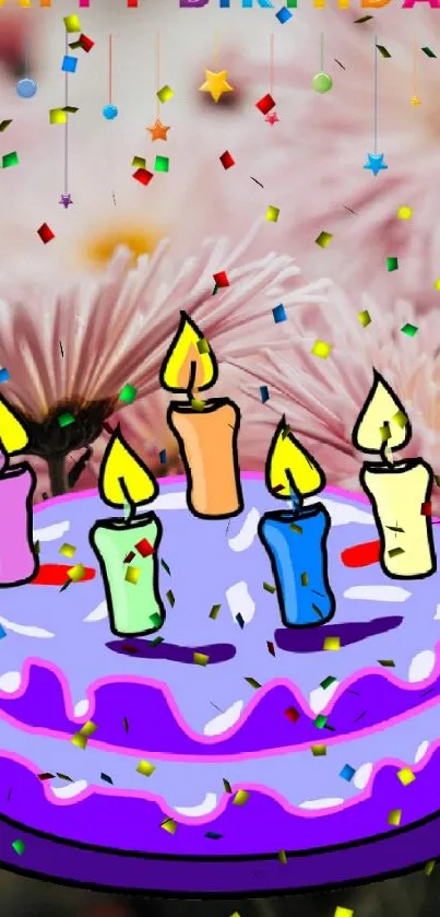 Colorful birthday cake with candles, cheerful background.