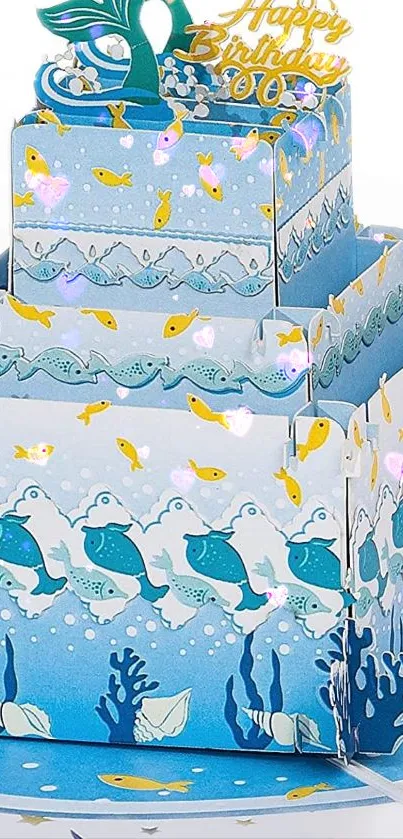 Vibrant ocean-themed birthday cake wallpaper with fish decorations.