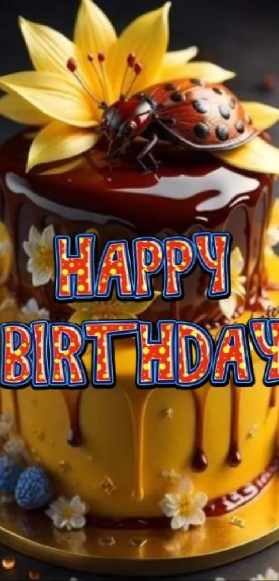 Colorful birthday cake with floral decoration.