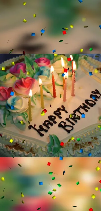 Colorful birthday cake with flowers and candles.