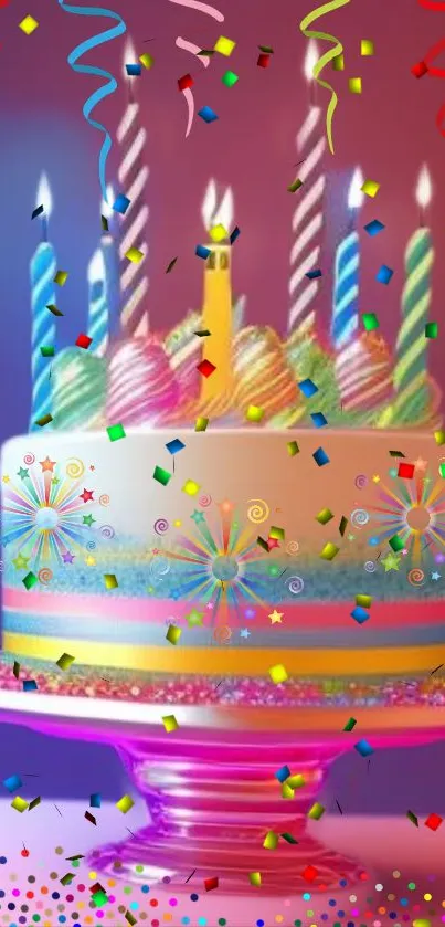 Colorful birthday cake with lit candles and festive decorations.