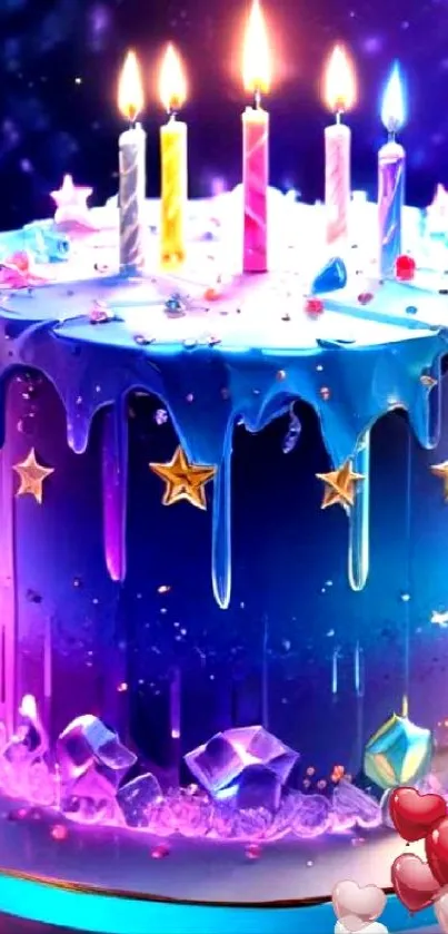 A vibrant birthday cake with glowing candles and colorful decorations.