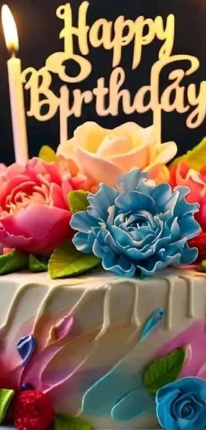 Birthday cake with colorful flowers and candles.