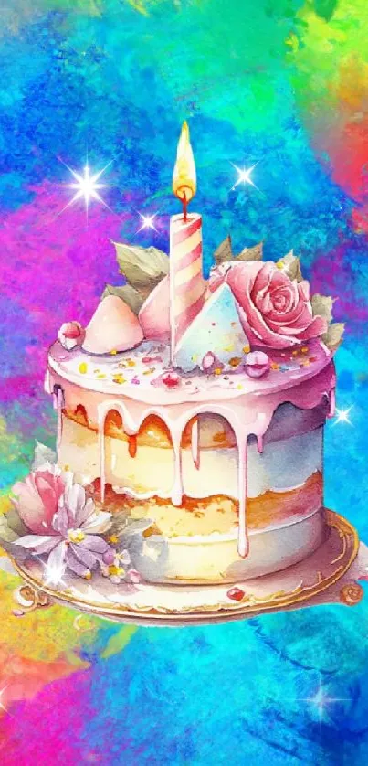 Vibrant birthday cake with candle on colorful background.