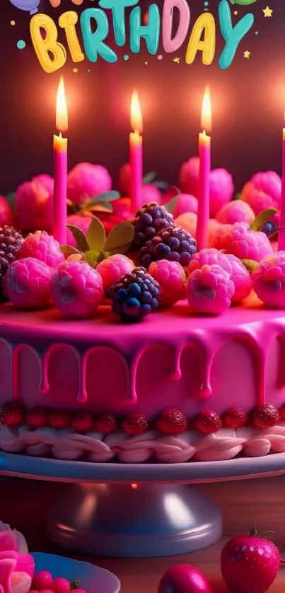 Vibrant birthday cake with candles and colorful fruits on top.