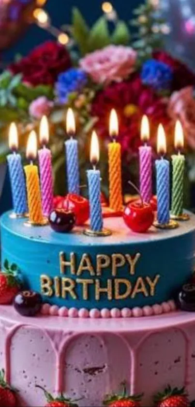 Vibrant birthday cake with colorful candles.