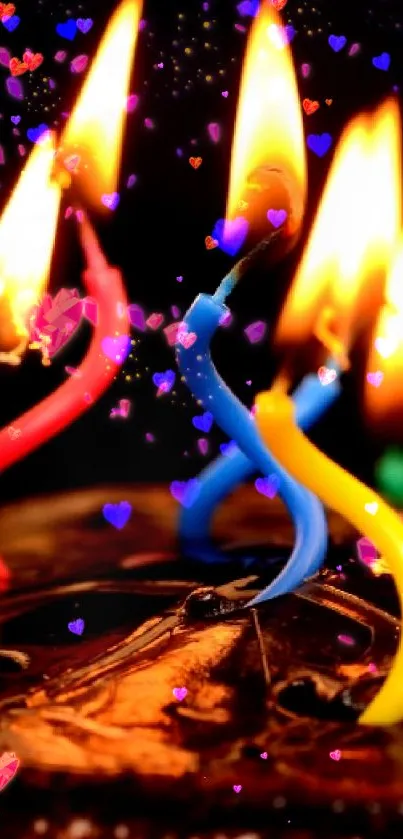 Colorful birthday candles on a chocolate cake with a dark, festive background.