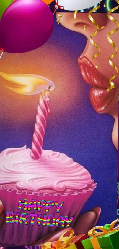 Colorful birthday wallpaper with balloons, gifts, and a cupcake.